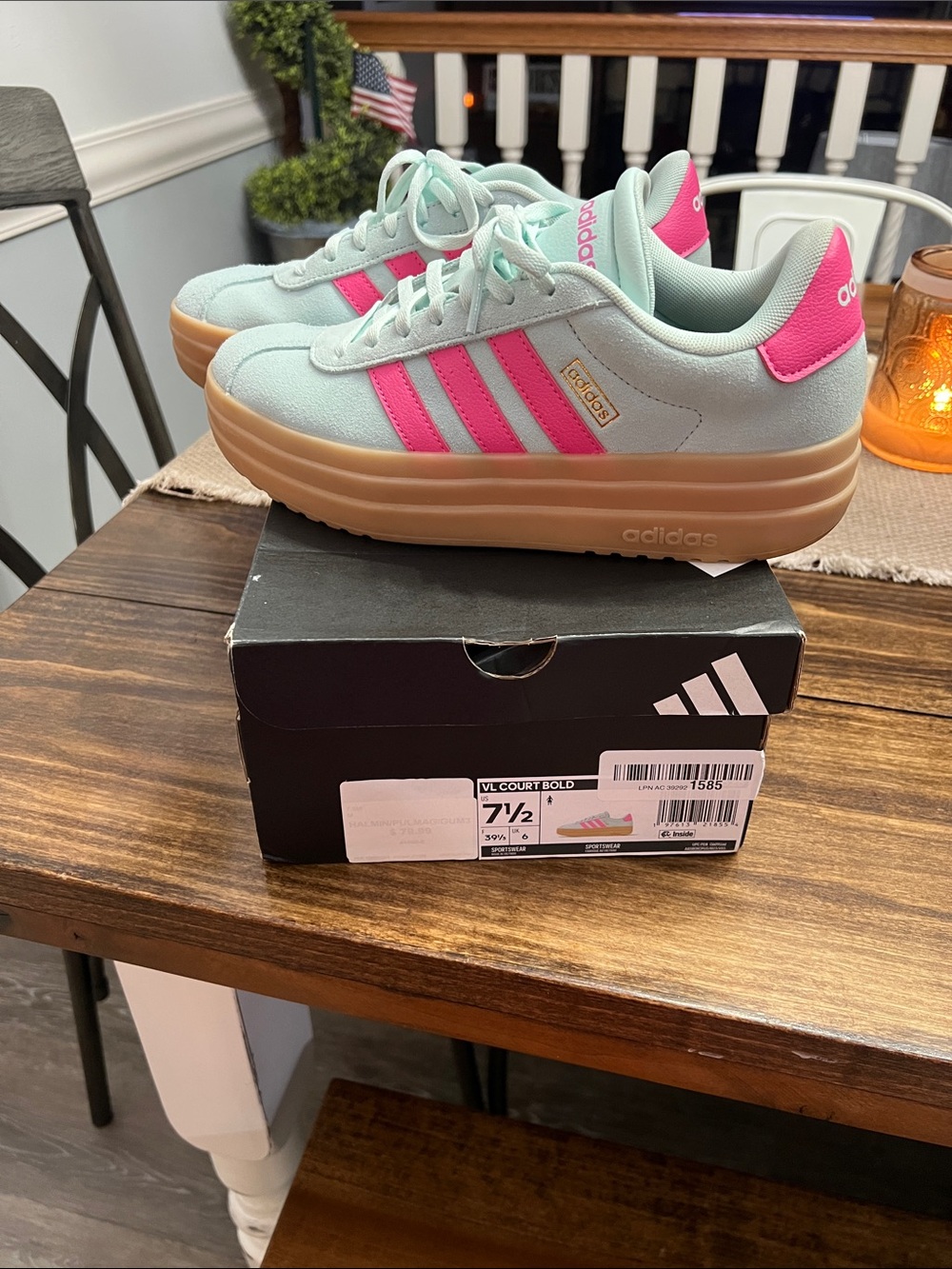 adidas VL Court Bold Sneakers in Mint Green with Pink Accents
